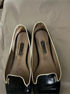 Prada Black Patent Leather Flats with Cream Piping
